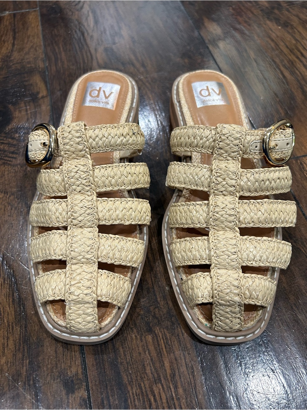 DV by Dolce Vita Beige Braided Slide Sandals with Gold Buckle